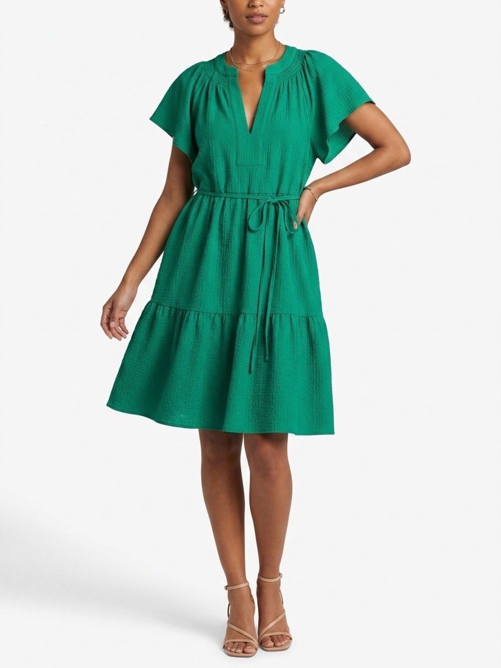 Calvin Klein Green dress Sz 8 V-neck valances butterfly sleeves Euro-Summer